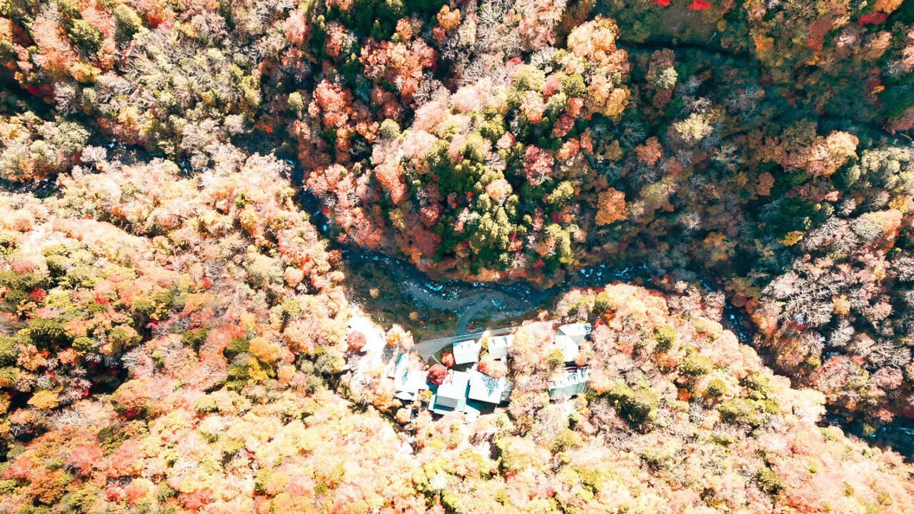 UnViaggioPerDue: Una veduta aerea di un villaggio in autunno in Giappone.