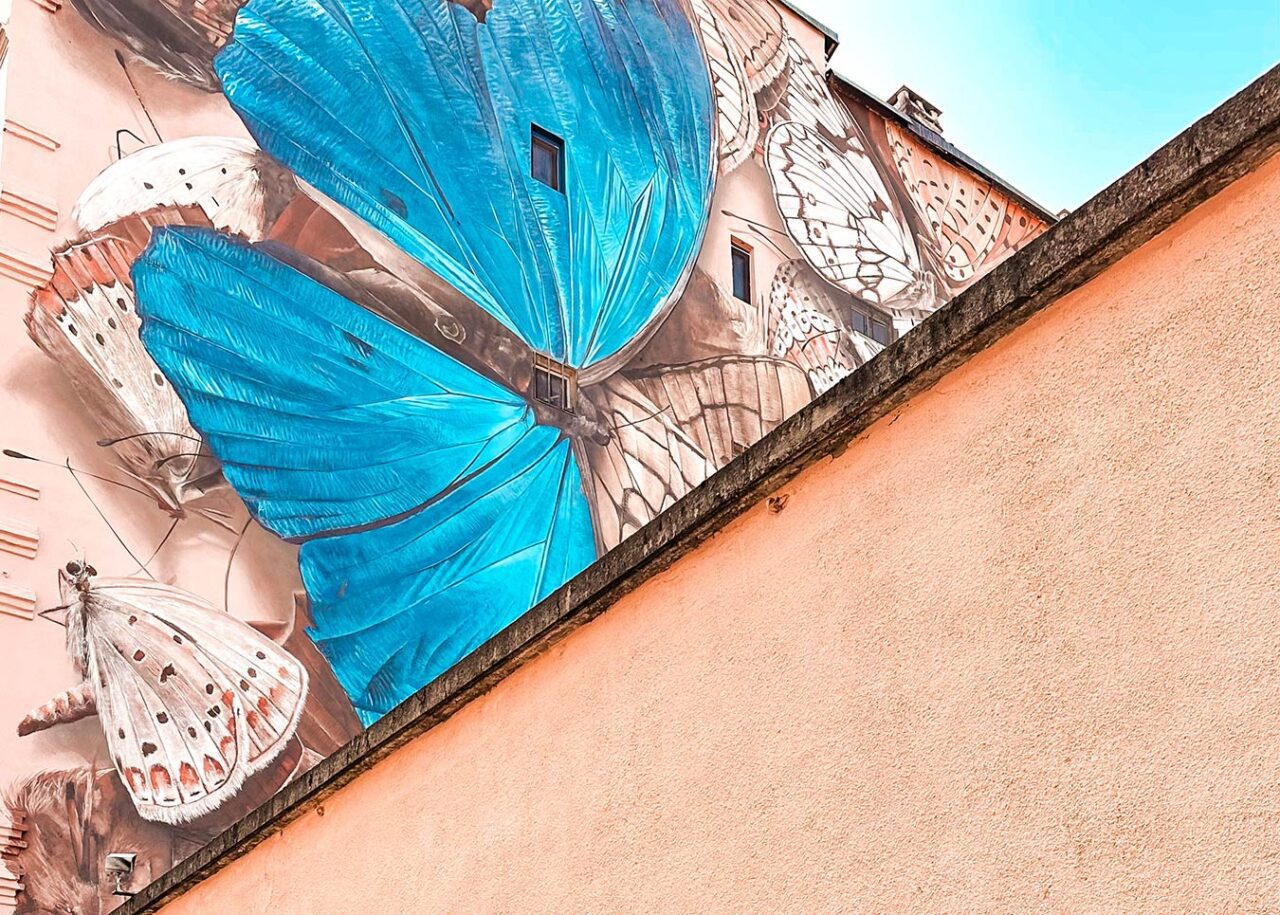 UnViaggioPerDue: Murale sul muro di un edificio a Torino raffigurante più farfalle, di cui una con grandi ali blu in primo piano. L'immagine mostra parte del murale e un muro beige in primo piano sotto un cielo limpido, incarnando lo spirito vibrante dell'iniziativa TOward 2030.